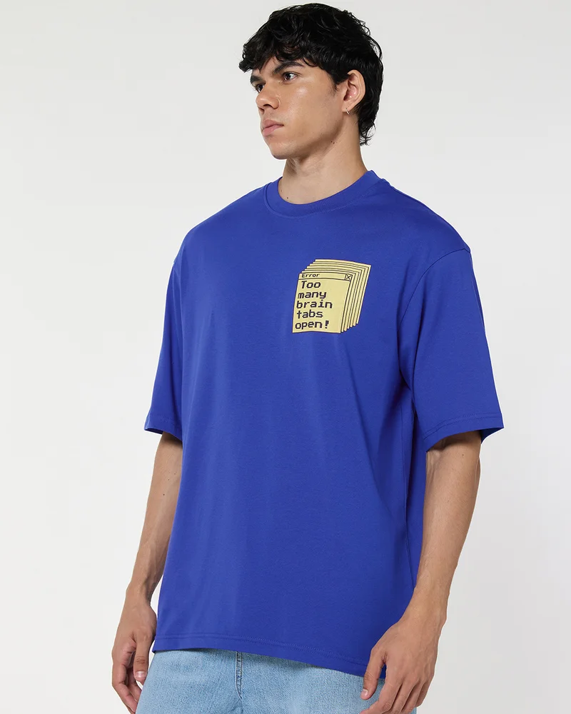 bewakoof Men's Blue Brain Tabs Graphic Printed Oversized T-shirt